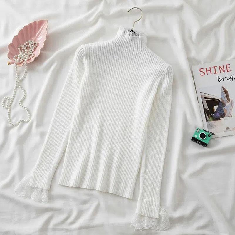 Rollkragen Langarm Strickpullover Damen Pullover Damen Spitze Mosaiken Damen Herbst Winter Pullover Pullover Innen = S weiß