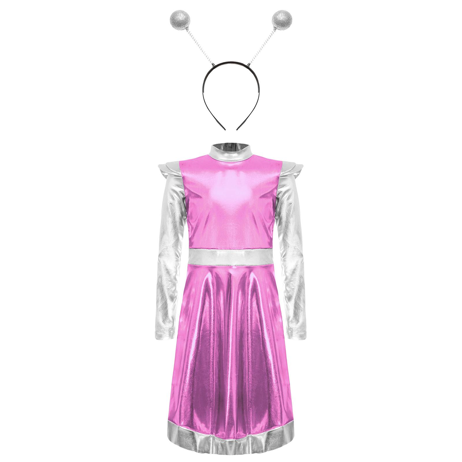 Mädchen Weltraum Alien Kostüm Set 2 Teile Weltraum Kleid Alien Haarreif Cosplay Auftritt 9-10 Years rosa