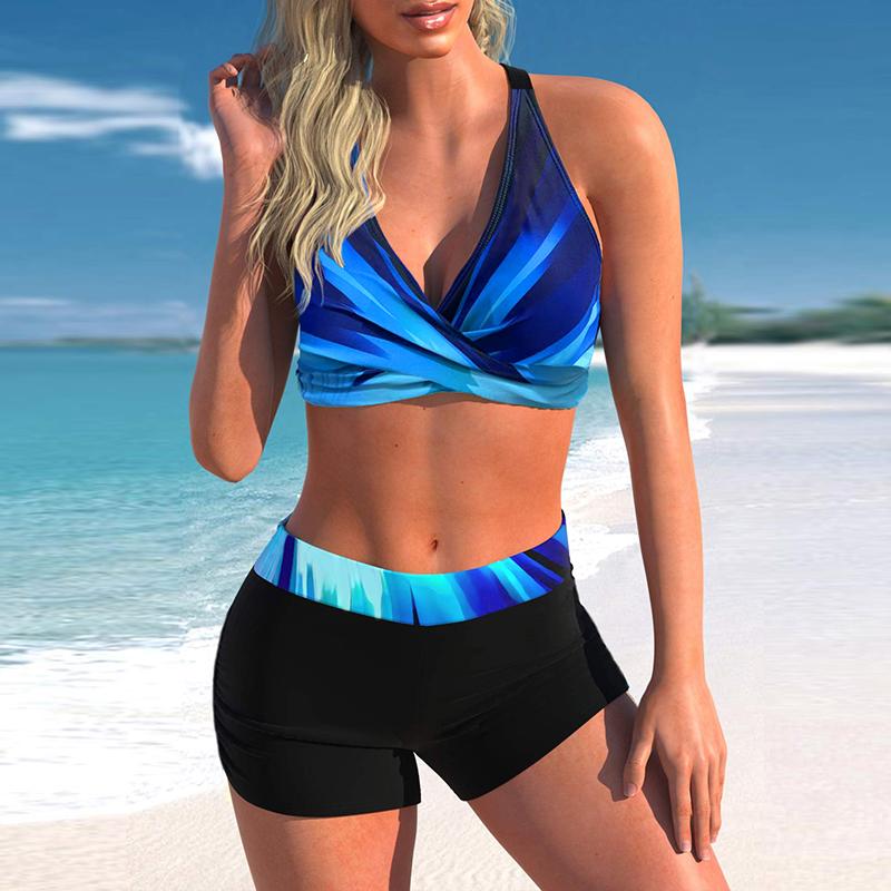 Damen Neckholder-Bikini-Tankini-Badeanzug, Öl-auf-Leinwand-Druck-Badeanzug XL hellblaue