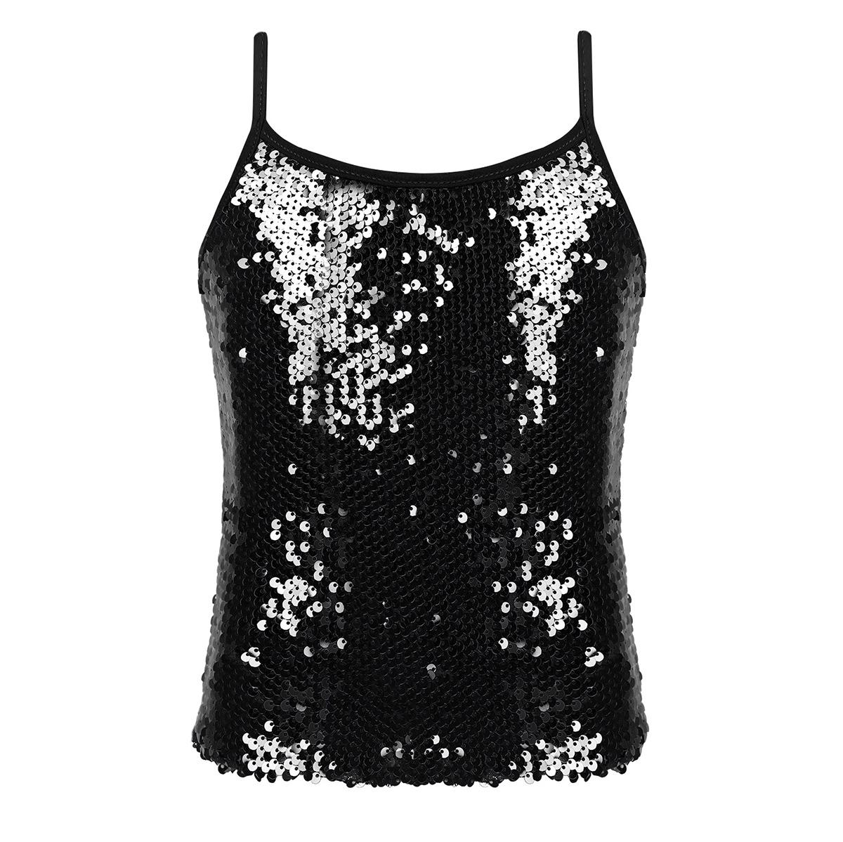 Kinder Mädchen Glitzer Pailletten Cami Tank Top Bühnenkostüme Weste Tops Streetwear 13-14 Years schwarz