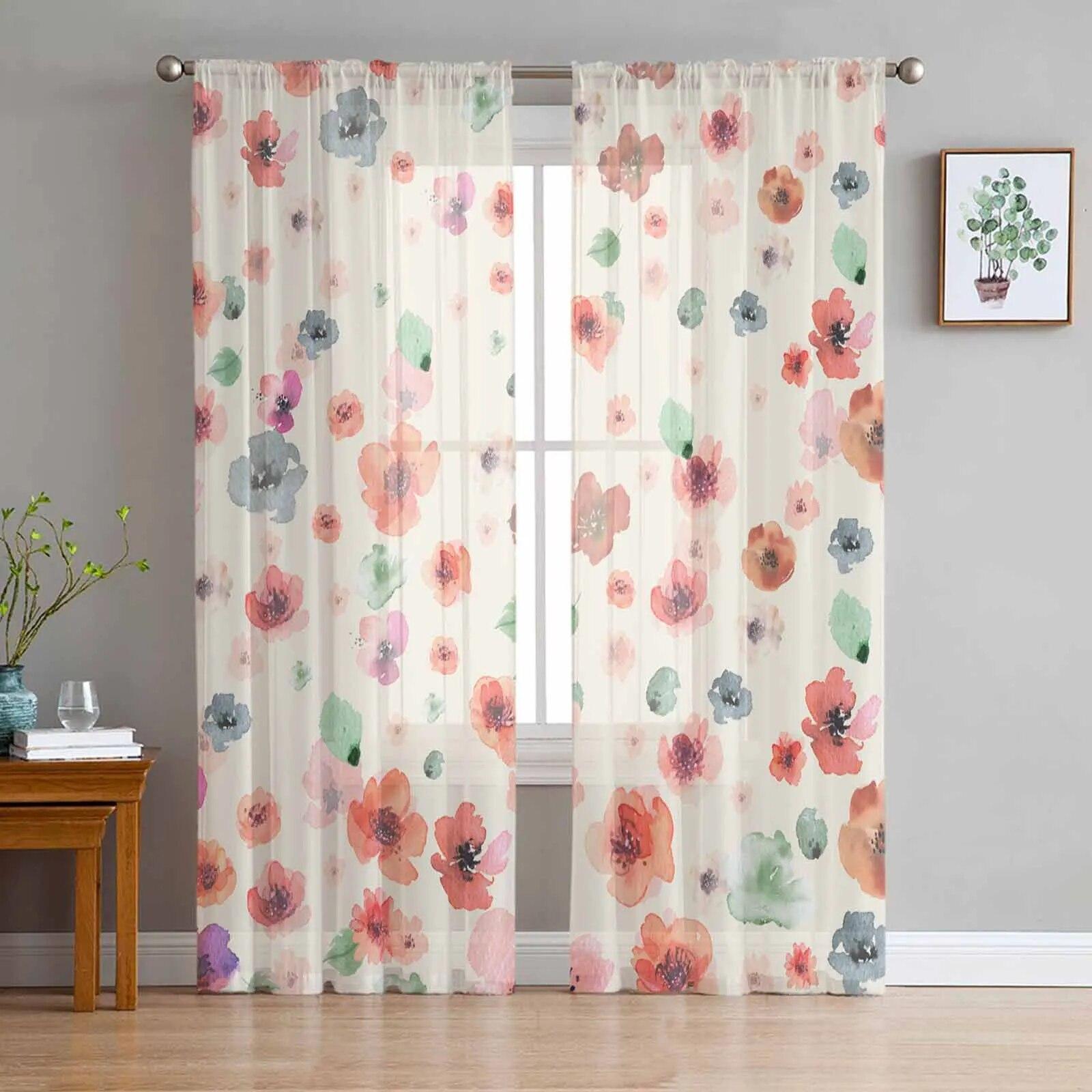Aquarell Blumen handbemalte Tüllvorhänge für Wohnzimmer, durchsichtiger Vorhang für Schlafzimmer, Küche, Jalousien, Voile-Vorhänge 135W x 160H(cm)