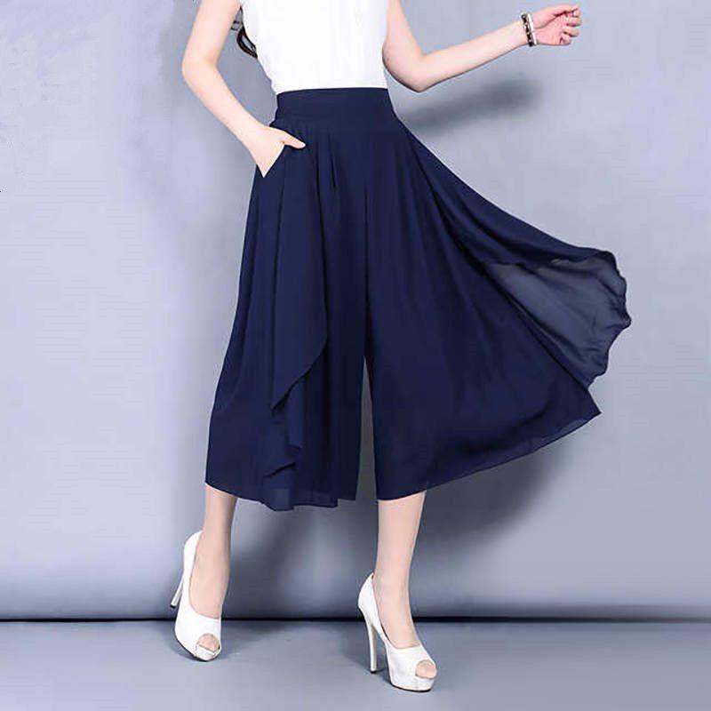 Frauen elastische Chiffon hohe Taille Sommer kurze Hose Hose Hose Culottes Rock XXXXL blau