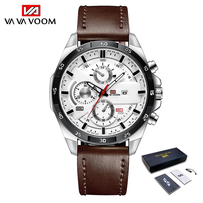 VA VA VOOM Männer Uhr Top Marke Luxus Sport Quarz Herren Uhren Edelstahl Armband Wasserdicht Chronograph Armbanduhr Männer Relogio masculino Leather Strap weiß/braun