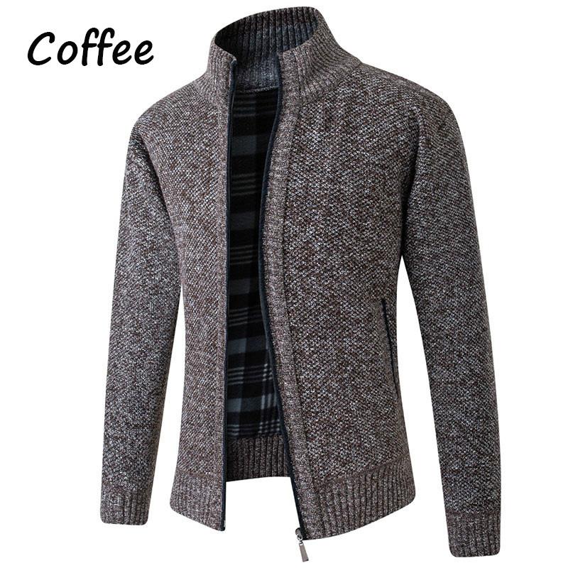 Lässige Strickjacke für Herren, schmale Passform, Fleece, durchgehender Reißverschluss, dicke Strickjacke, Winter-Outwear 4XL kaffeebraun