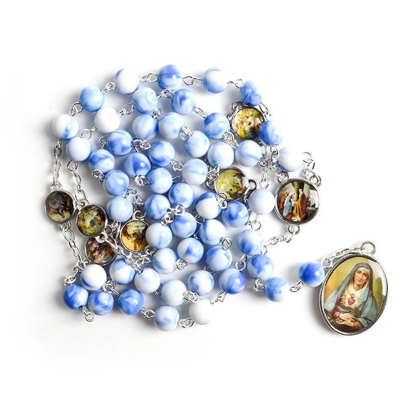 Rosenkranz mit den sieben Schmerzen Mariens, Acrylperlen, katholischer Schmuck, Halskette für Damen und Herren weiß/blau