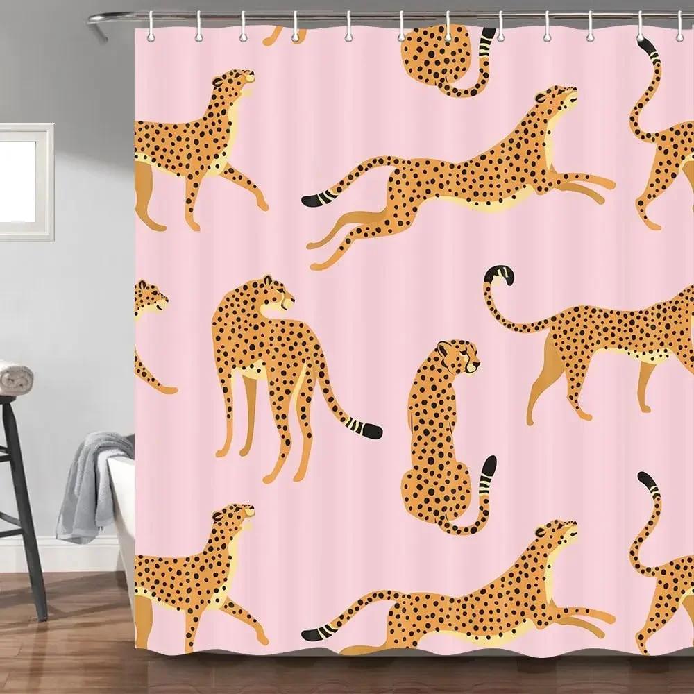 Leopard Stoff Duschvorhang, tropisches Tier Gepard Duschvorhang für Badezimmer, rosa mit Haken 180X180CM 120x180cm