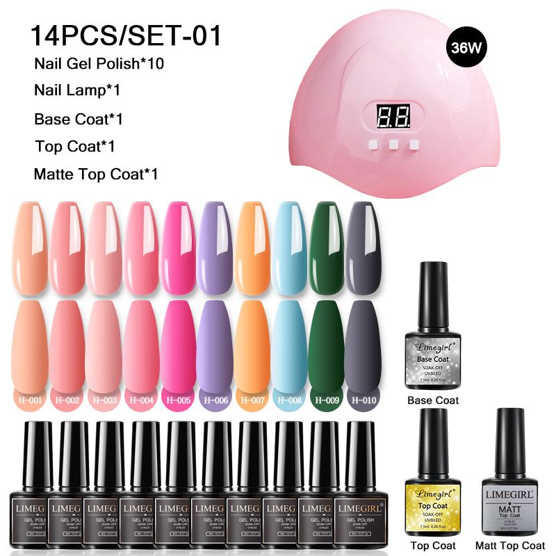 Limegirl Maniküre-Set, semipermanentes Nagellack-Werkzeug mit UV/LED-Nageltrocknungslampe, Basis- und Decklack-Verlängerungs-Gel-Nagellack-Set