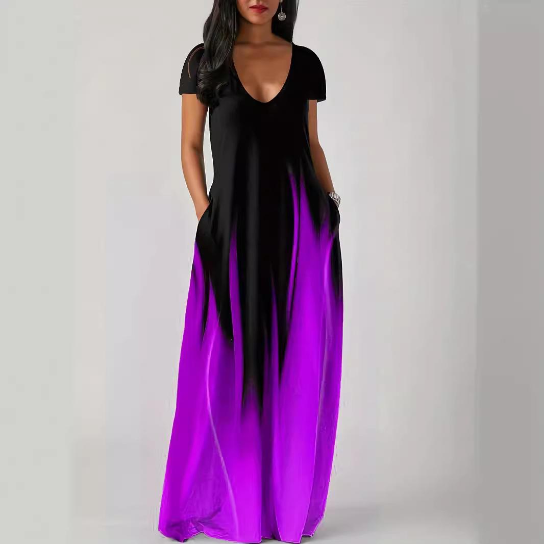 GMXIA Sommer Locker Bedruckt Lässig Sexy Damen Langkleid Taschen Lange Kleider XXXXXL violett