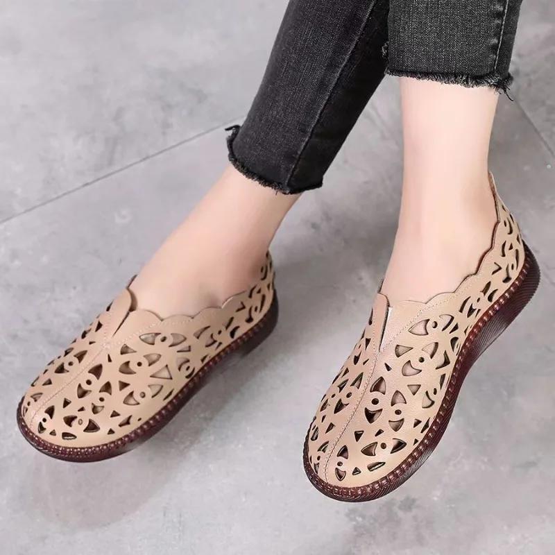 Übergrößenschuhe Damen Slipper Damen Flats Alltag Casual Flache Damen Hohle runde Zehenschuhe Weiche Sohle Damen Mujer 42 braun