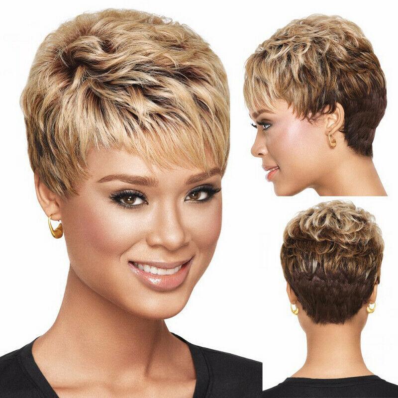 Synthetische Natürliche Pixie Cut Perücken für Frauen Blond Mix Braun Kurzer Gerader Haarschnitt Ombre Gestuft Mami Perücke mit Pony