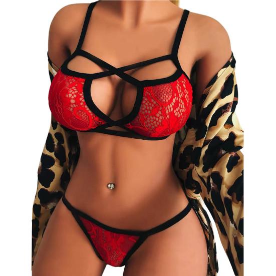 1 Set Sexy Unterwäsche Durchsichtig Aushöhlen Crossover Strap Atmungsaktive Verführerische Spitze Erotische Unterwäsche Damen Kleidung L rot