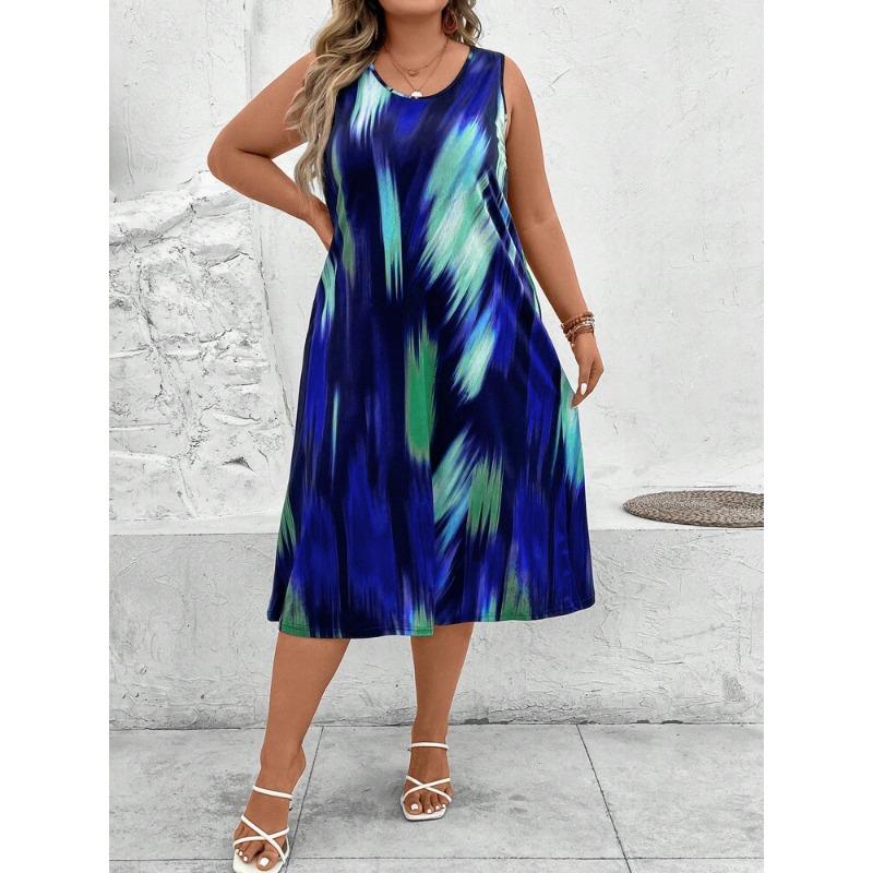 Frühling Sommer Kleider Damen Mode Bedruckt O-Ausschnitt Ärmellos Übergröße Kleider Damen 1XL blau