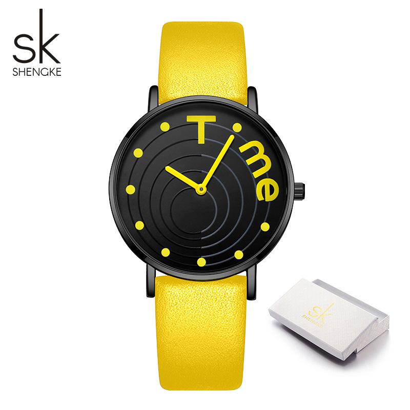 Shengke Kreatives Design Damenuhren Modestile Damen Quarz Armbanduhren TIME Marke Weibliche Geschenke Uhr gelb