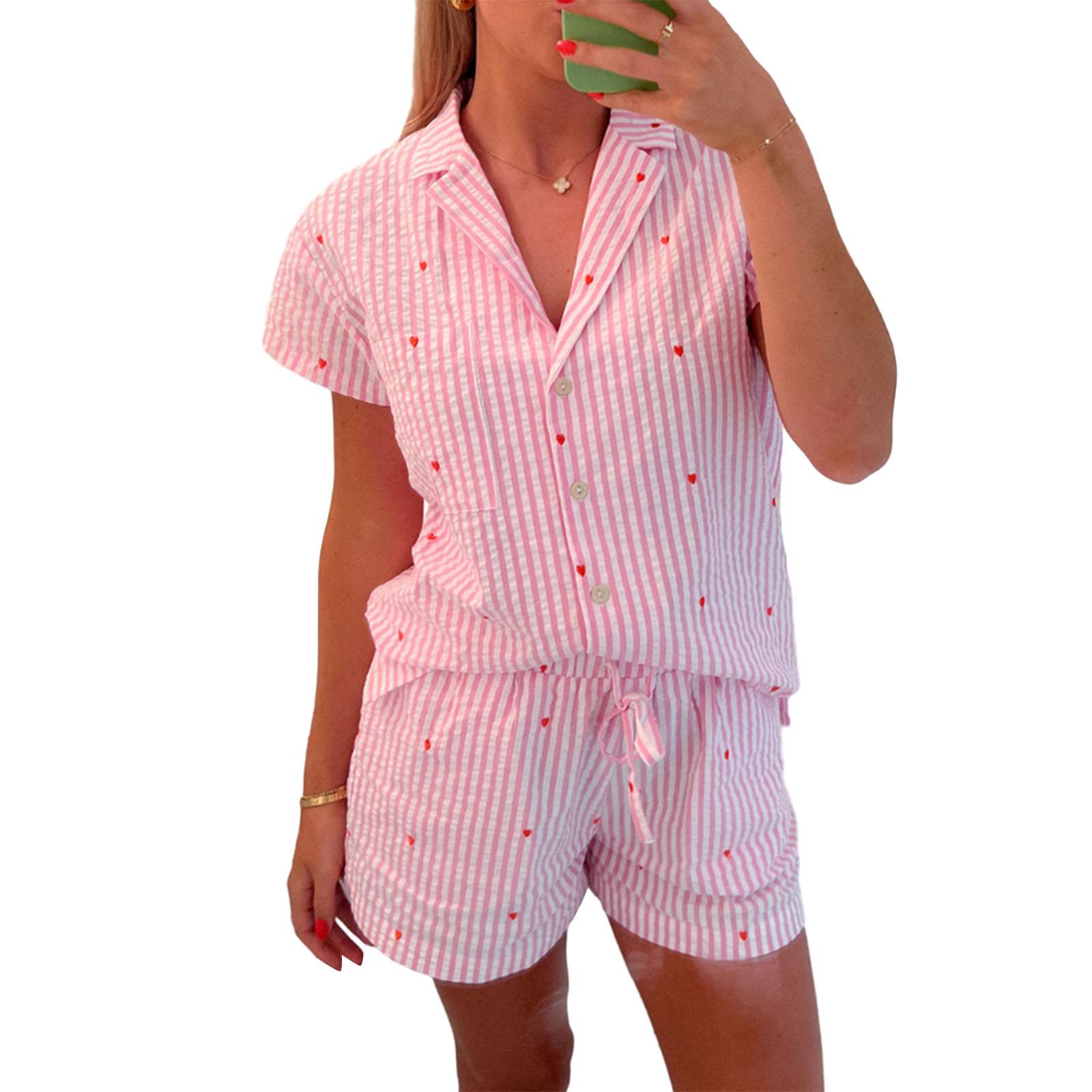 Süße Pyjama-Sets für Damen, Blumen-Herz-Kaninchen-Pyjama, kurzes Pyjama-Set, lockere Loungewear, Nachtwäsche, zweiteiliges Outfit M rosa