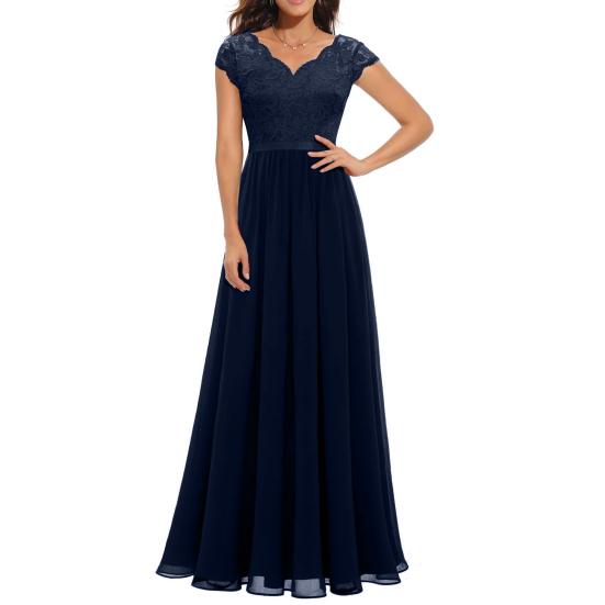 Damen Spitze V-Ausschnitt Abendkleid Lang A-Linie Chiffon Brautjungfernkleid Mutter der XL navy blau