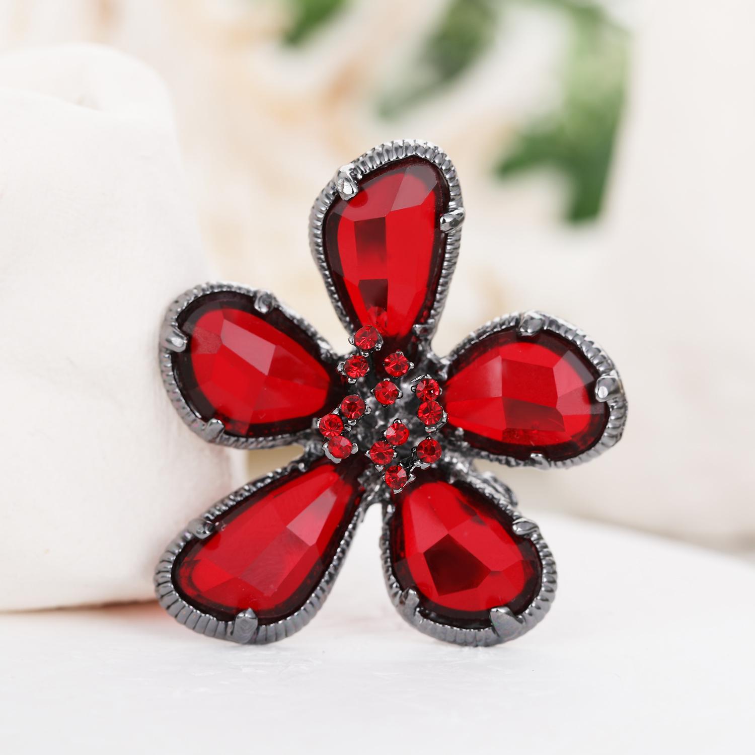 Retro Corsage modische Kristallblumenbrosche vielseitiges Sommerkleidungszubehör Clipschnalle SILVER PLATED rot