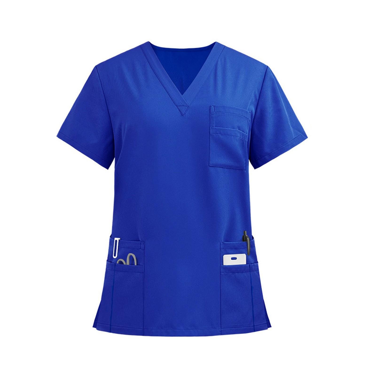 Damen V-Ausschnitt Kasack mit Taschen, Bequeme Uniform für Krankenschwestern und medizinisches Fachpersonal, L blau