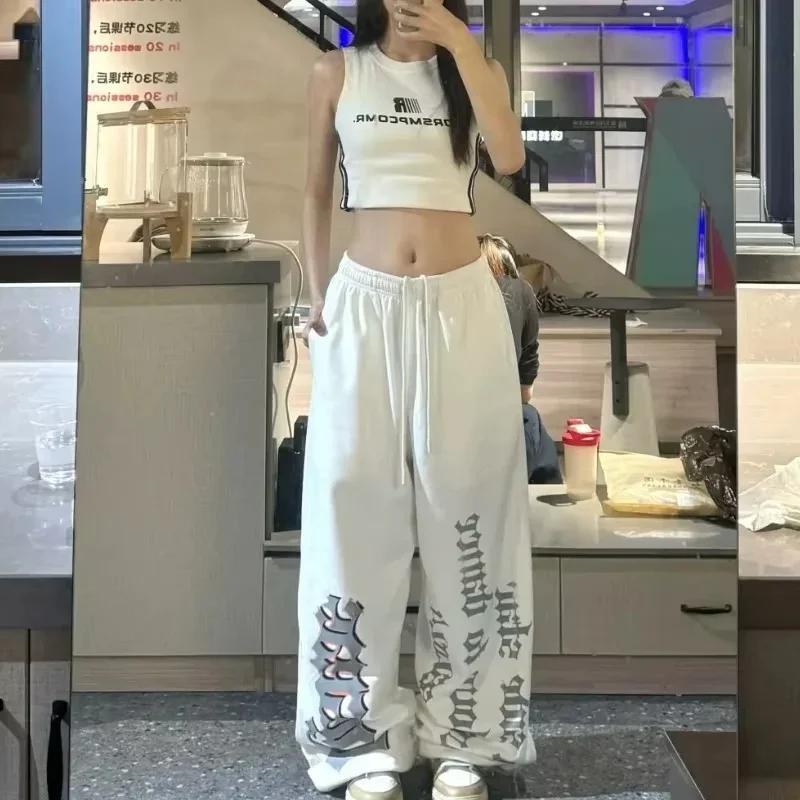 Retro Y2K Damen Weite Sporthosen Lässige Street Dance Baggy Jogginghosen Schweißhosen Trendiges Print Buchstaben Design Vielseitig S weiß