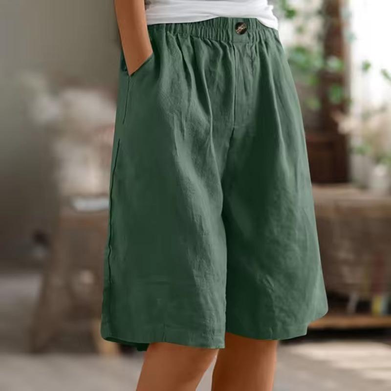 Damenmode Einfarbige Hosen Tasche Button Up Capris Lose Elastische Taille Baumwolle Leinen Shorts Hosen für Frauen Damenhosen 3XL grün