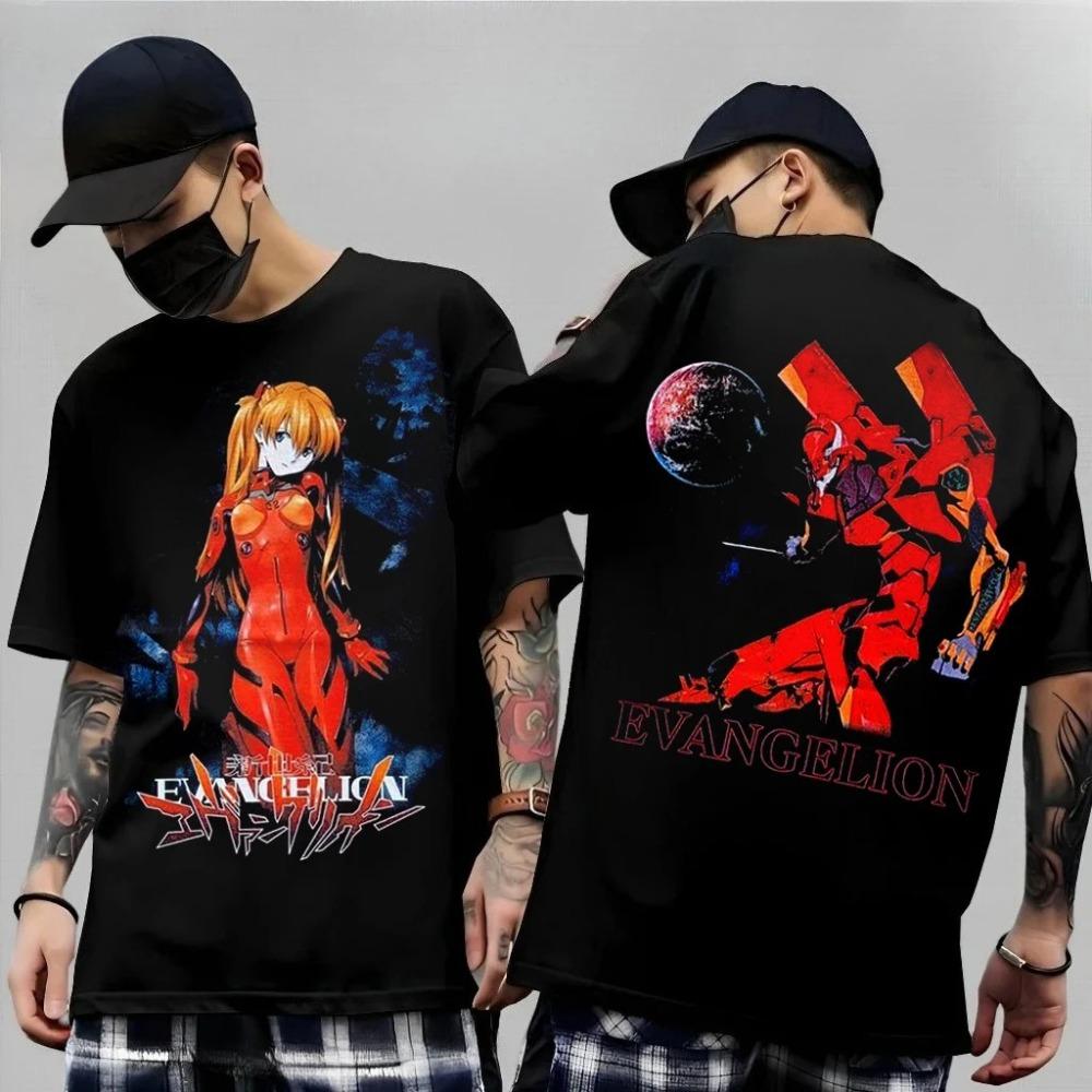 Neon Genesis Evangelion Vintage Doppelseitiger Print T-Shirt, Unisex Anime Streetwear Tee, 100% Baumwolle Locker Lässiges Oberteil M