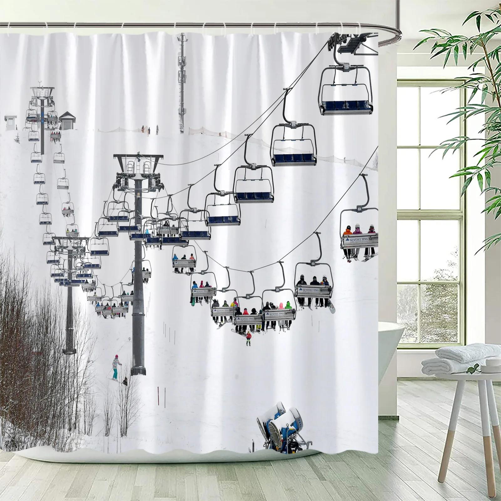 Winter Skifahren Duschvorhang Set Moderne Skistation Schneebedeckte Berge Kiefernwald Badezimmer Vorhänge Blaue Weihnachten Badezimmer Dekor W160H180(CM)-1 Pcs