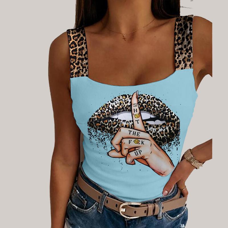 Sexy Tank Tops Damen Leopard Lippen Druck Ärmellos Crop Tops Mode Party Club Sommer Ärmellos Streetwear Bustier Tops XXL himmelblaue