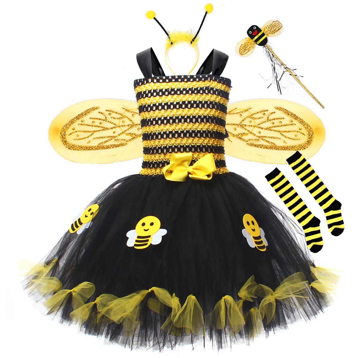 Mädchen Cosplay Biene ärmelloses Tüllkleid Stirnband Beinlinge Zauberstab Flügel Cosplay Party XL