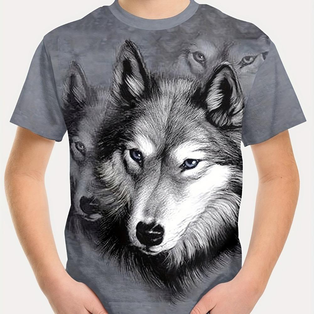 Kinderkleidung Jungen T-Shirt Kurzarm Cooler 3D Wolf Print Kinder Sommerkleidung Stilvolle Streetwear Rundhals Mädchenkleidung 150