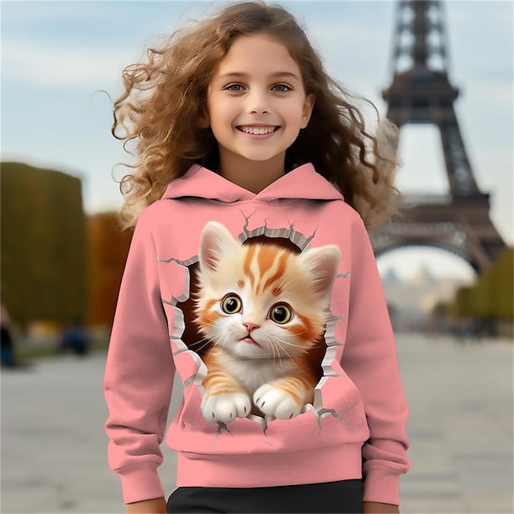 Kinderkleidung Katzen Hoodies Pullover Oberbekleidung Mädchenkleidung 2 bis 8 Jahre Frühlingsmode 3D-Druck Kinderoberteile mit langen Ärmeln 120