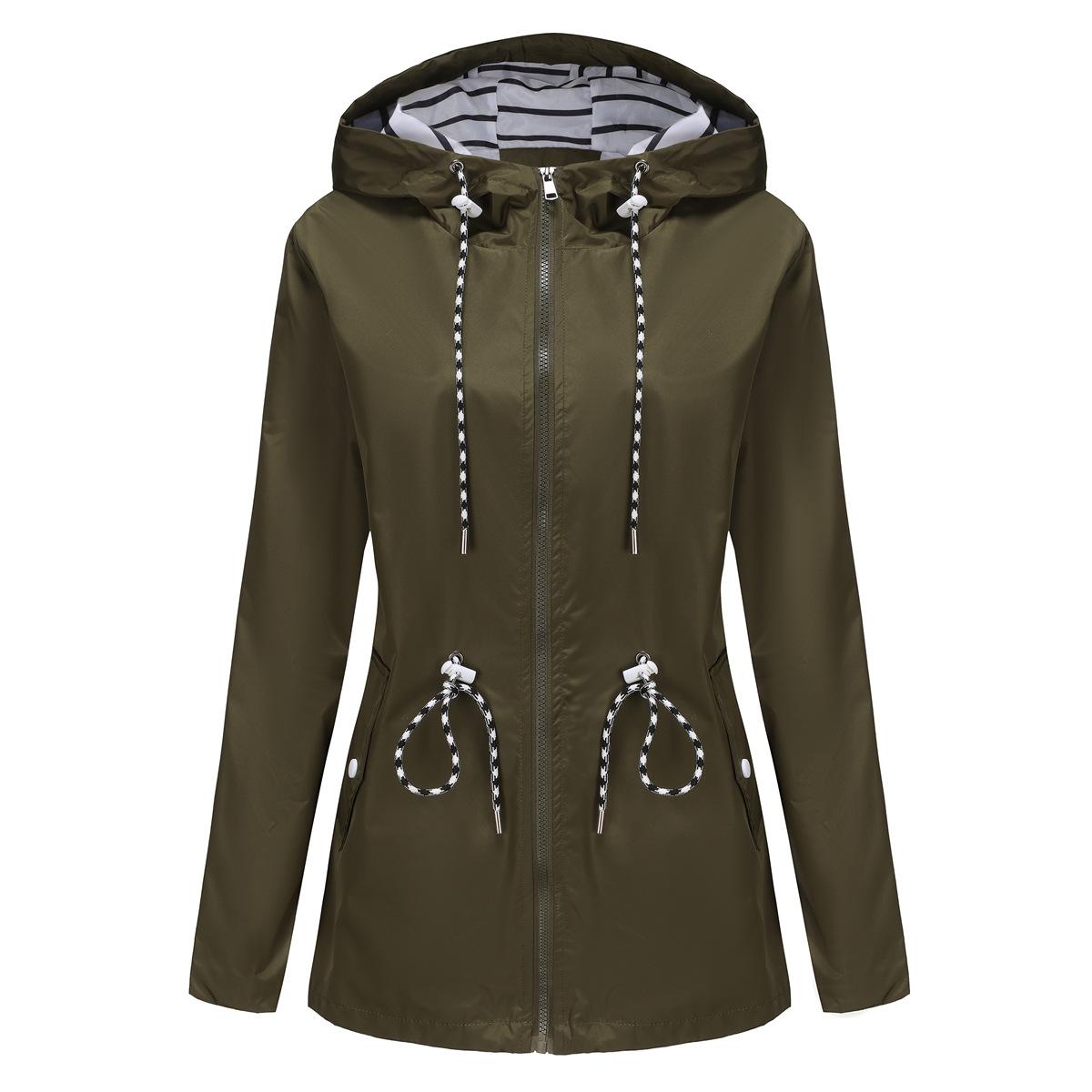 YJKDYK 2024 Frühling Herbst Damen Outdoorjacke Damen Wasserabweisend Mittellang Windjacke Damen Kapuze Streifen Mäntel XXL armee grüne