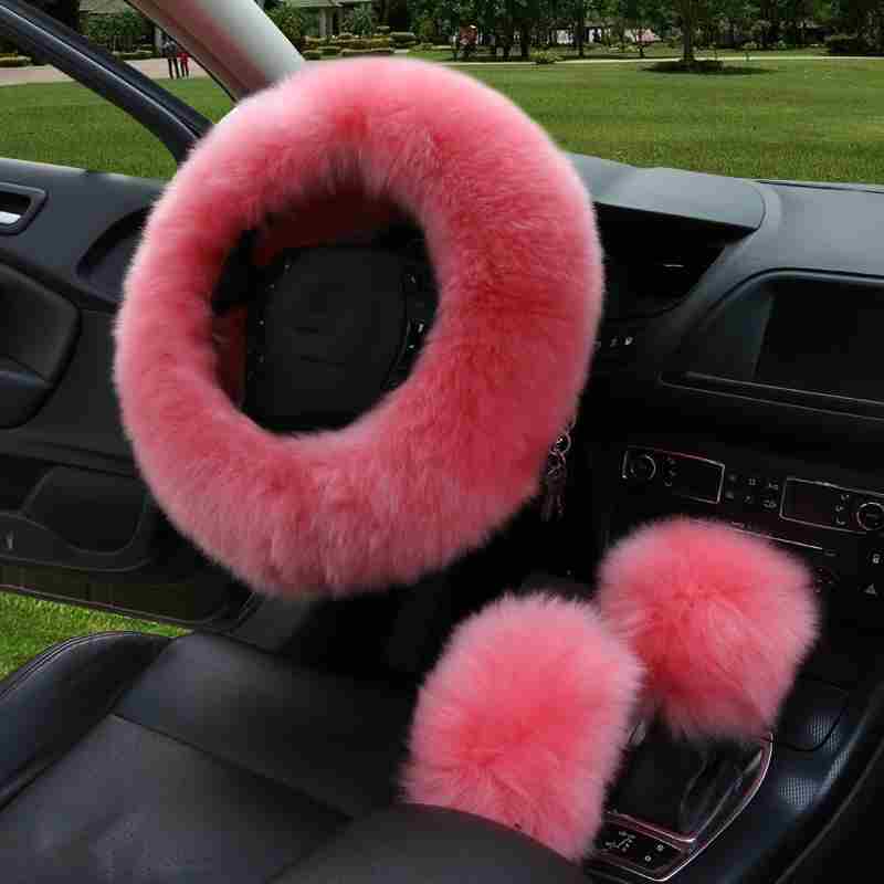 Auto Plüsch Lenkrad Winter Wolle Integriert Faux Wolle Griffbezug Handbremsabdeckung Diameter 38cm rosa