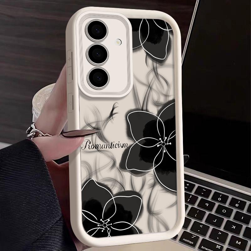 Schwarzes Blumenmuster, matte TPU-Telefonhülle für Samsung S25 S24 FE S23 Ultra S22 S21 A55 A34 A54 A35 A14, weiche Silikon-Stoßschutzhülle Samsung S21 FE beige