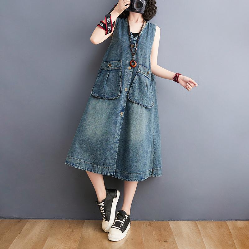 DIMANAF Frauen 2023 Neue Sommer Kleid Denim Ärmelloses Kleid Elegante Lange Kleid Lose Blau Mode Grundlegende Kleider XL blau