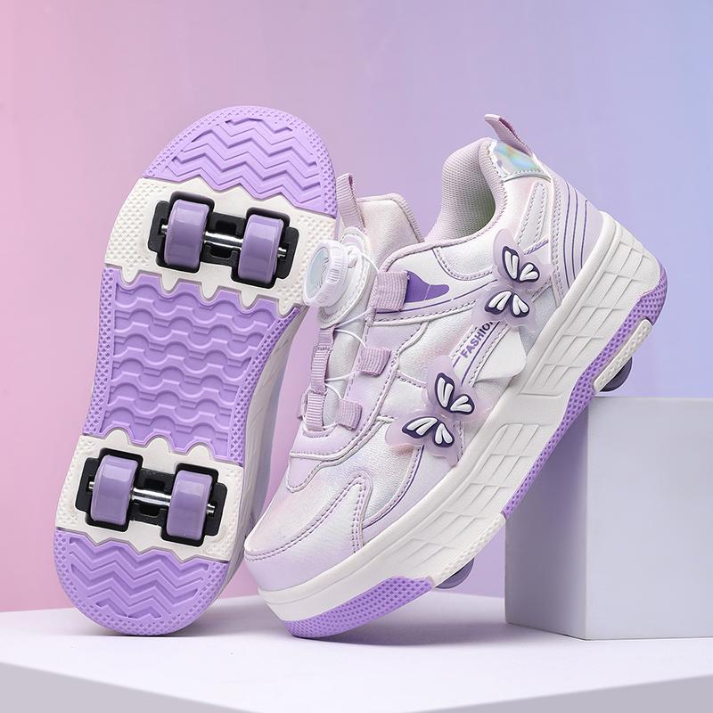 Mädchen Rollschuhe mit drehendem Knopf, Vierrad, Rollschuhschuhe, Abnehmbar, Kinderschuhe mit Rädern 29 violett