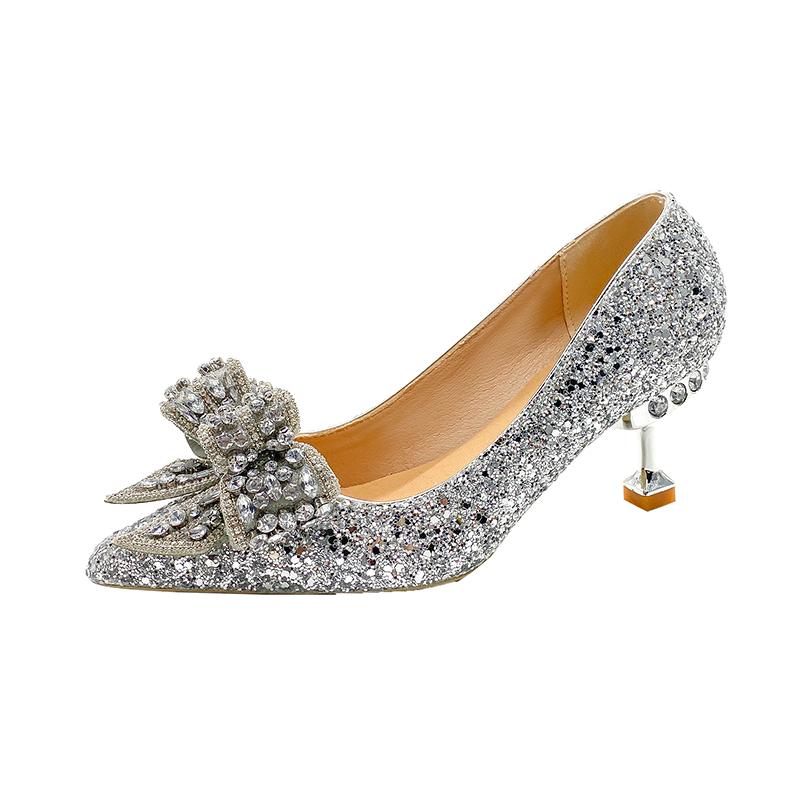 6,5 CM frauen Strass Hochzeit Schuhe Jahr Schuhe Luxus Schnalle Dekorative Bankett frauen Schuhe High Heels Gold Silber rot 42 silber