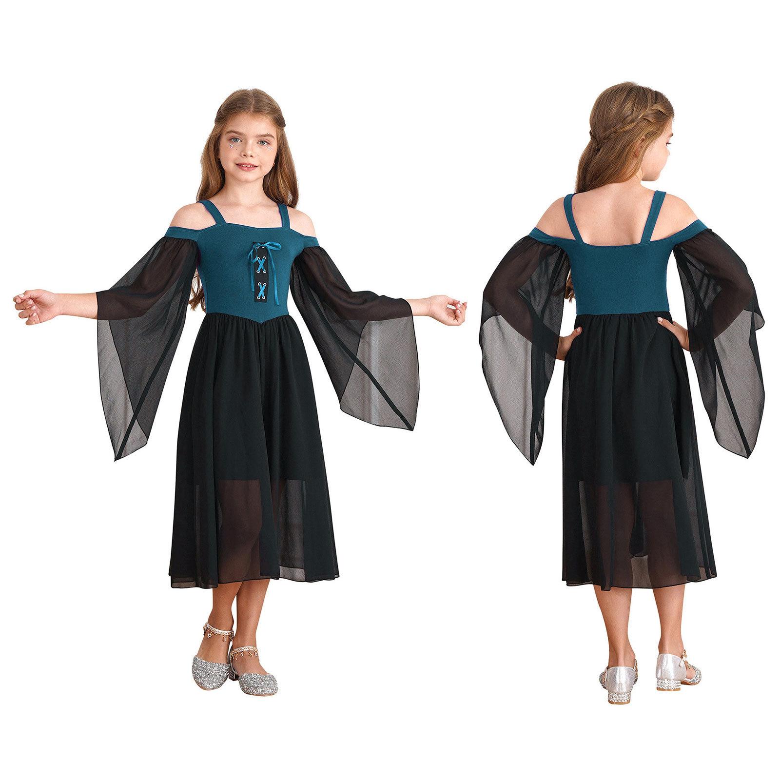 Kinder Mädchen Mittelalterliche Prinzessin Kostüm Renaissance Robe Kleid Quadratischer Ausschnitt Halloween Cosplay Kostüm 11-12 Years blau