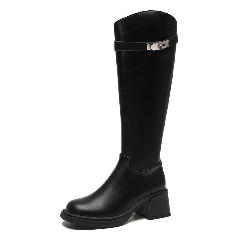 Lange Bikerstiefel Damen Herbst und Winter Neu Runde Zehenpartie Blockabsatz Hohe Stiefel, Damen Dicke Sohle Metallverschluss Lange Stiefel Damen 40 schwarz