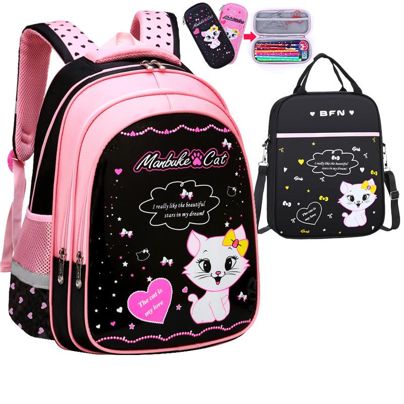 Schulranzen für Kinder der Klassen 1–6 für Mädchen, Katzen-Druck, Schultasche, Grundschule, Cartoon-Schulrucksack, Kinder-Schulrucksack-Set large size
