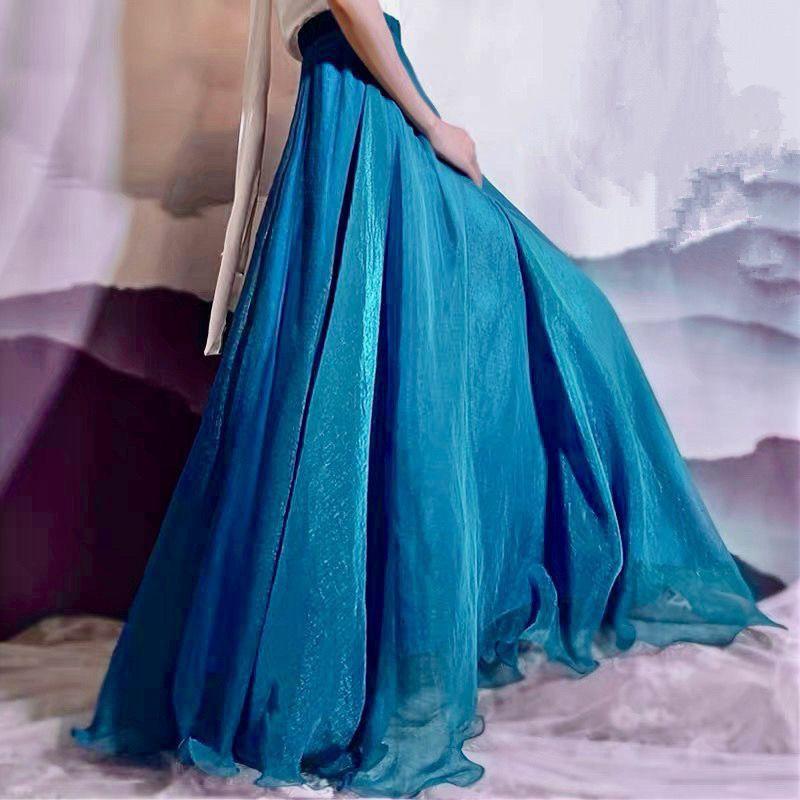 Damen Röcke Sommer Elastischer Bund Elegant Meeresurlaub Rock Bohemian Langer Rock Großer Rock Chiffon Strandrock Femme XL pfau blau
