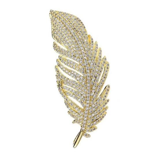 Strass-Federbrosche für Damen und Herren, Kunstkristall-Feder, Revers, Sicherheitsnadel, Kragen, Schmuck, Accessoire für Partys, Hochzeiten goldgelb