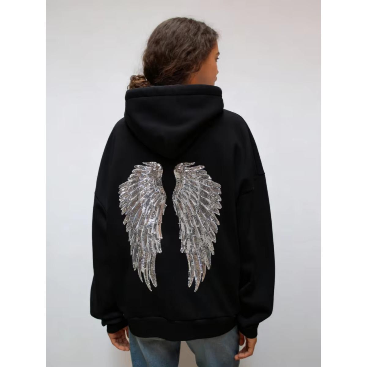 2KWEIRD Damen Glänzende Pailletten Engelsflügel Kapuzenjacke Hose Langarm Locker Lässig Kapuzenpullover Neue Dame Y2K Herbst Outfits XS black