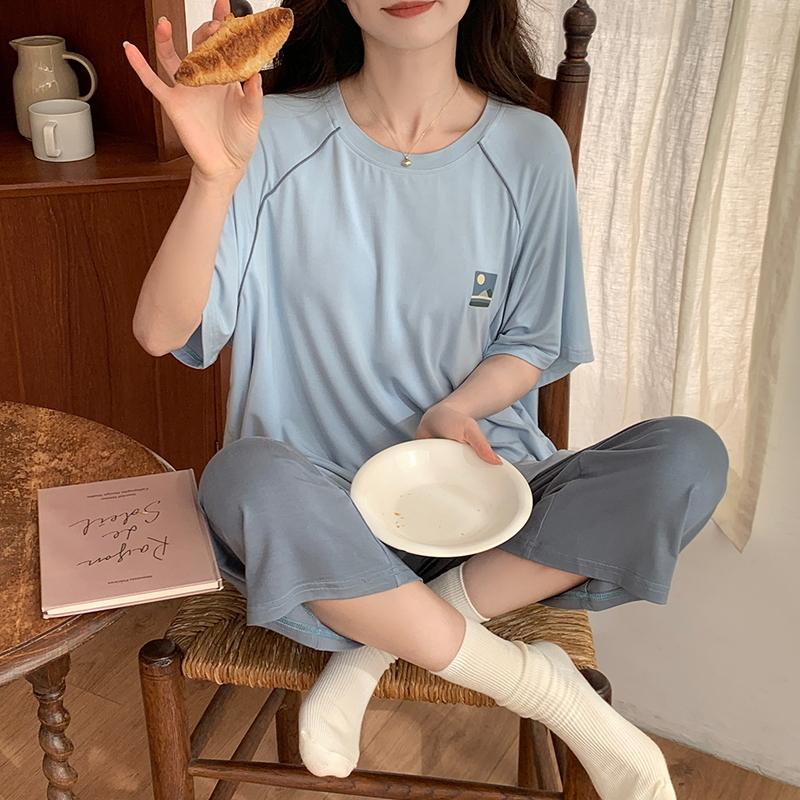 Lässiger Pyjama Damen Niedliche Pyjama-Sets Herbst Winter Kurze Ärmel Wadenlange Hose Modal Damen Pyjama Weicher Pijamas Pullover XL