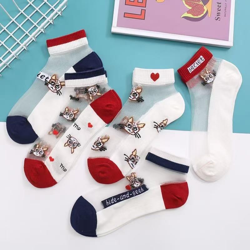 5 Paar Damen Sexy Socken Süße Katzen-Spitzensocken Nylon Anime Y2k Socken für Mädchen Schwarze Atmungsaktive Damen Socken Sets One Size rot