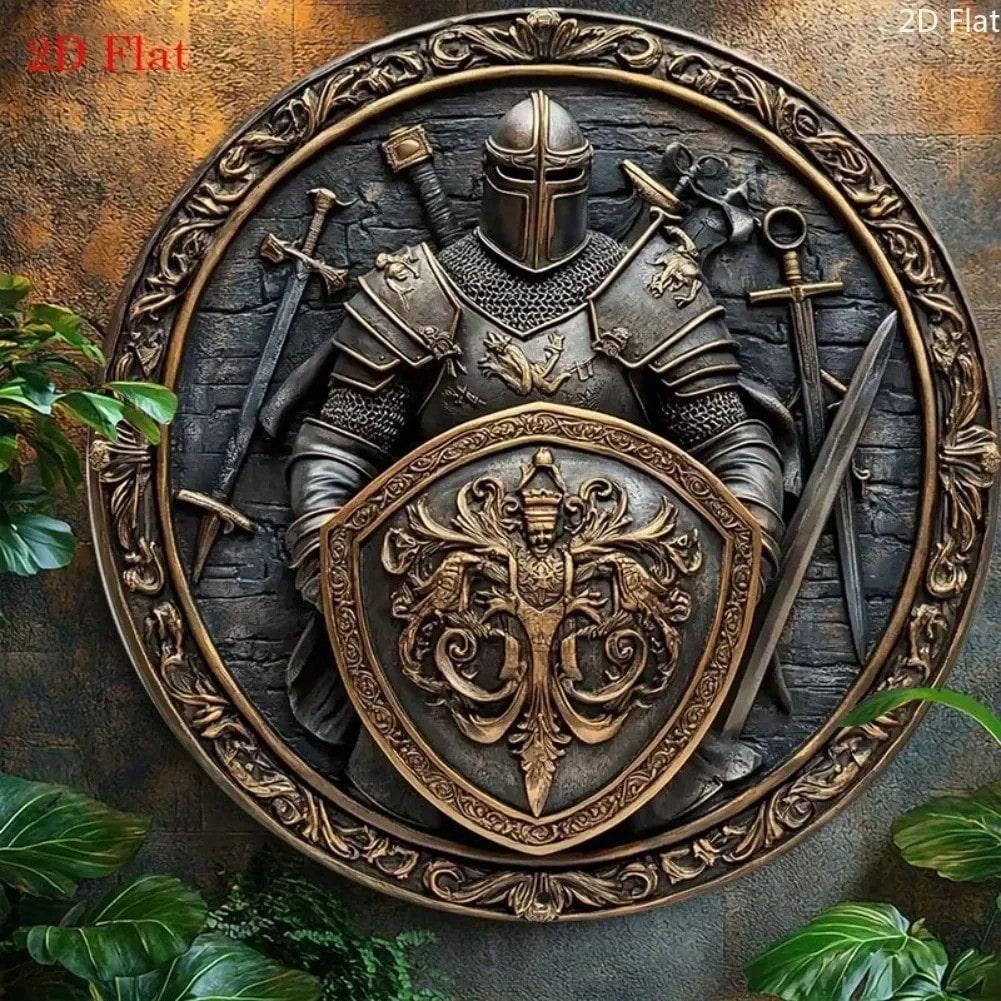 Mittelalterlicher Ritter Schild Schwert Aluminium Metall Wandkunst Vintage Rüstung Dekorative Plakette 8x8 Zoll 20x20 bunt