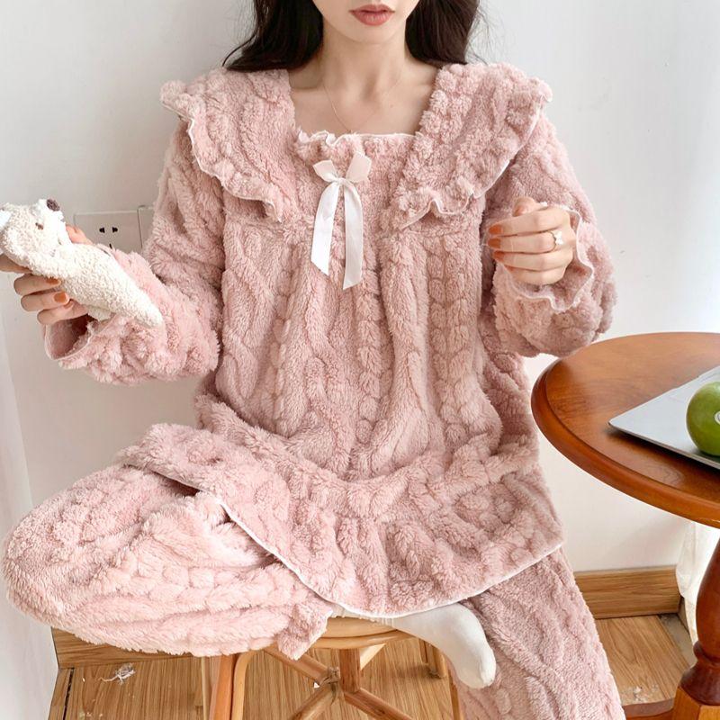 Winter-Pyjama-Set in Übergröße aus Jacquard-Korallenrot für Damen im Teddy-Stil, warmer Pyjama für Mädchen, molliger langer Pyjama L rosa