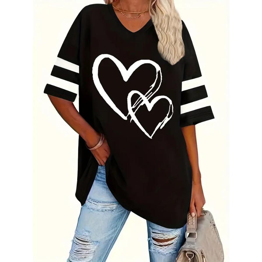 T-Shirt mit Herz-Print in Übergröße, lässiges Kurzarm-T-Shirt mit V-Ausschnitt, Damenkleidung in Übergröße XL
