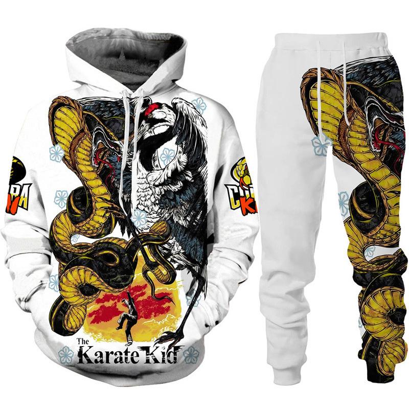 Lustiger Cobra Kai 3D-Druck-Trainingsanzug für Herren, cooler Hoodie/Hosen/Anzug Hip Hop 2022, modisches Langarm-Jogging-Sportbekleidungs-Athletik-Set 3XL weiß