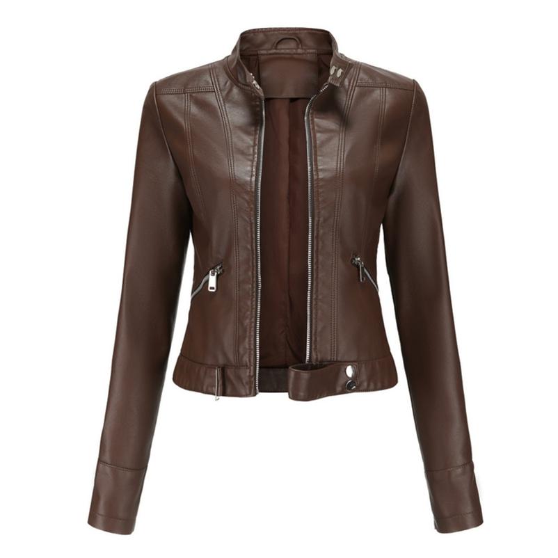 2022 Lederjacke Damen Kurze kleine Jacke Frühling und Herbst Stehkragen Damen Lederjacke Damen dünne Lederjacke 2XL kaffeebraun