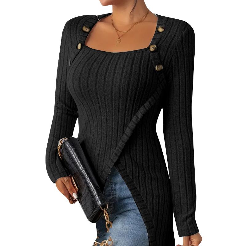 ZANZEA Damen-Bluse, lässig, quadratischer Kragen, langärmelig, unregelmäßiger Saum, schmale Bluse M schwarz