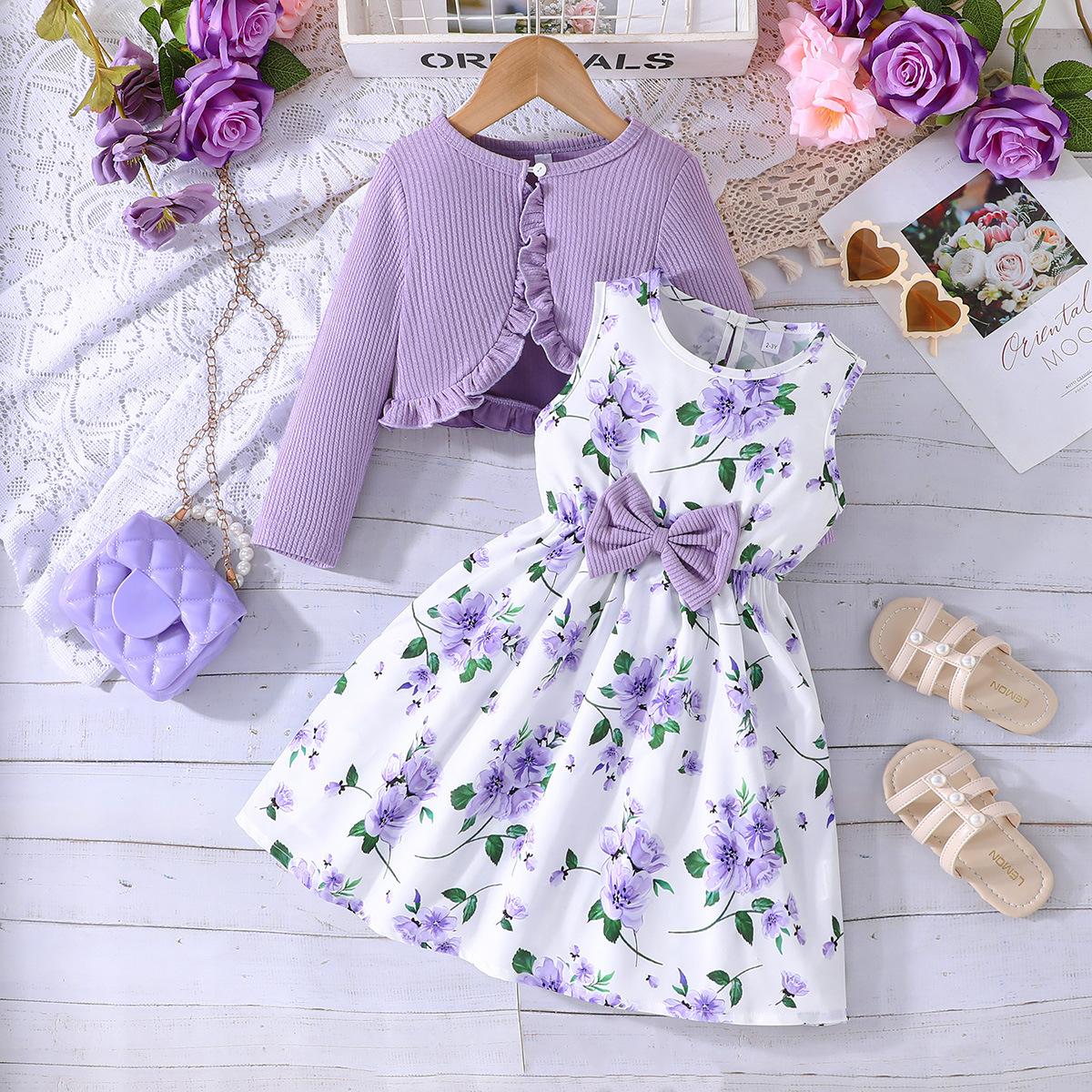 Kinder 2-8Y Röcke Frühling und Herbst Modelle Baby Bunte Neckholder Kleid + Einfarbig Jacke Mode Baby Anzug 2-3Y violett